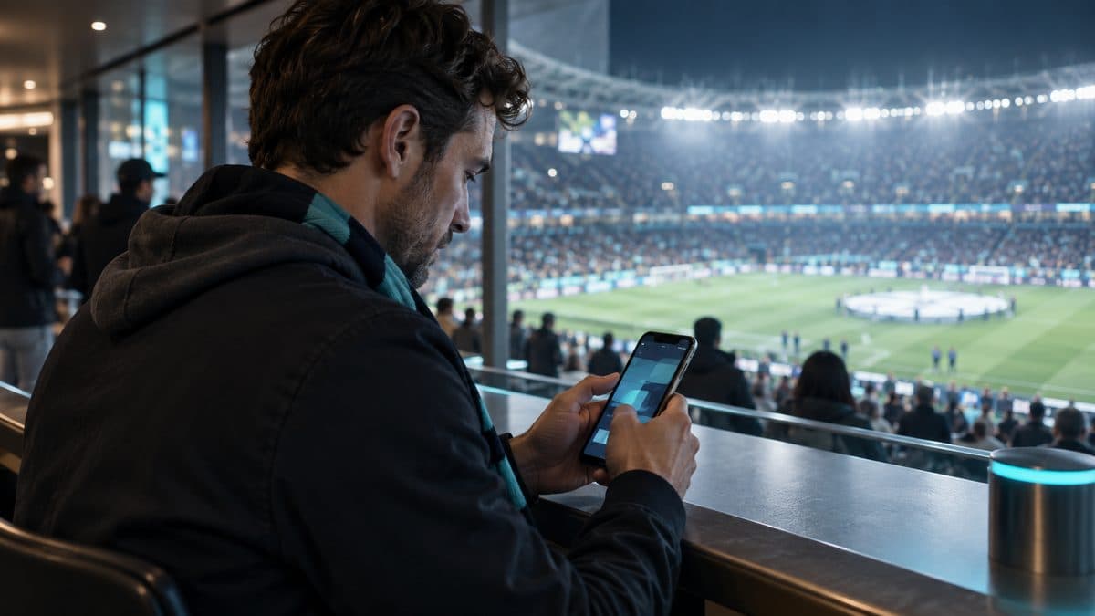 Fan checking a match on a phone inside a stadium
