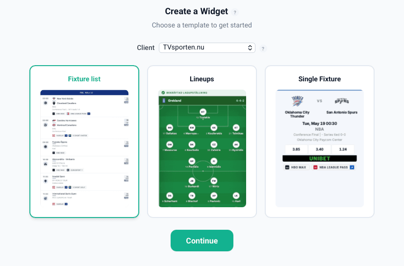 Widget Builder with fixture list, lineups and single fixture templates